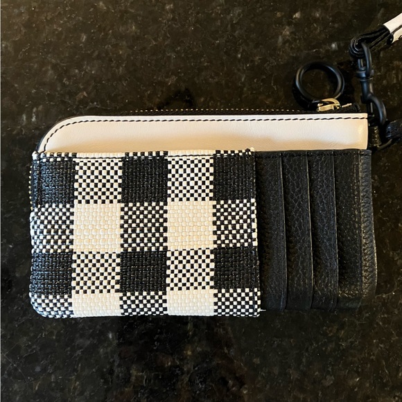 New Tory Burch Perry Bombe Gingham Top-Zip Card Case, Leather Wristlet, Black - Picture 2 of 15